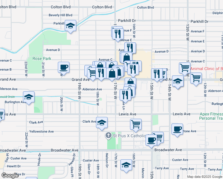 map of restaurants, bars, coffee shops, grocery stores, and more near 1708 Alderson Ave in Billings