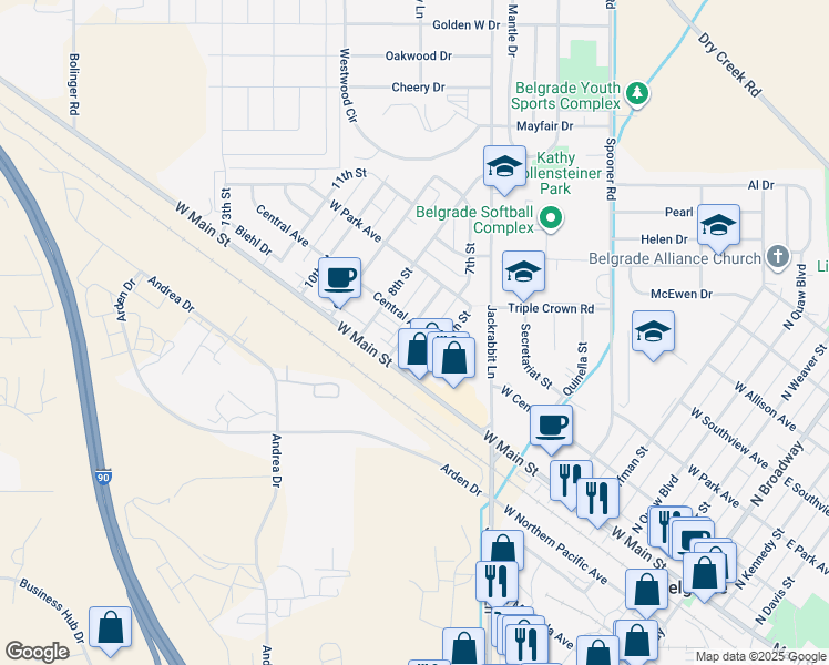 map of restaurants, bars, coffee shops, grocery stores, and more near 90 7th Street in Belgrade
