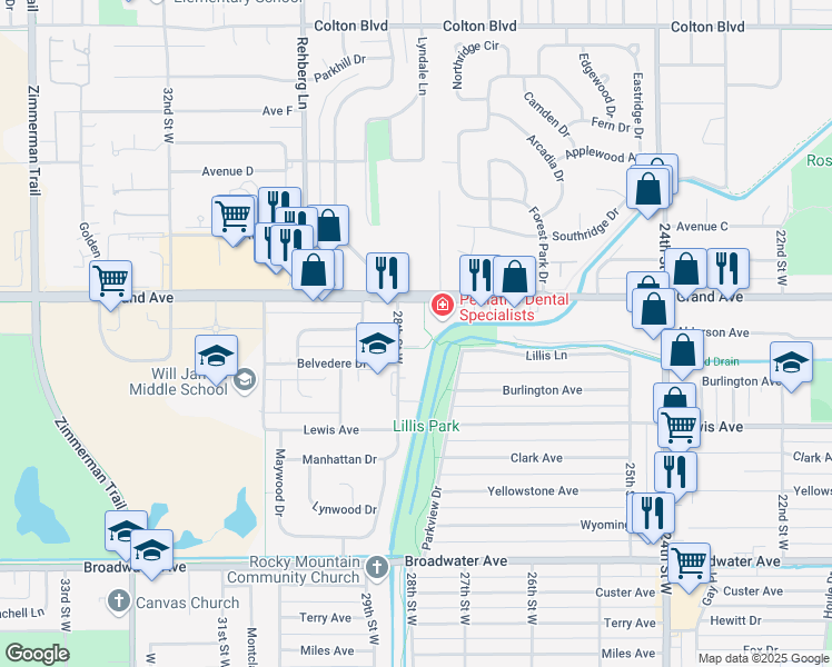 map of restaurants, bars, coffee shops, grocery stores, and more near 1221 28th Street West in Billings