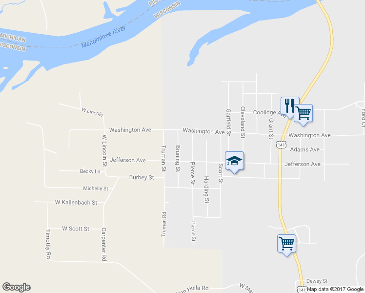 map of restaurants, bars, coffee shops, grocery stores, and more near 1106 Bruning Street in Niagara