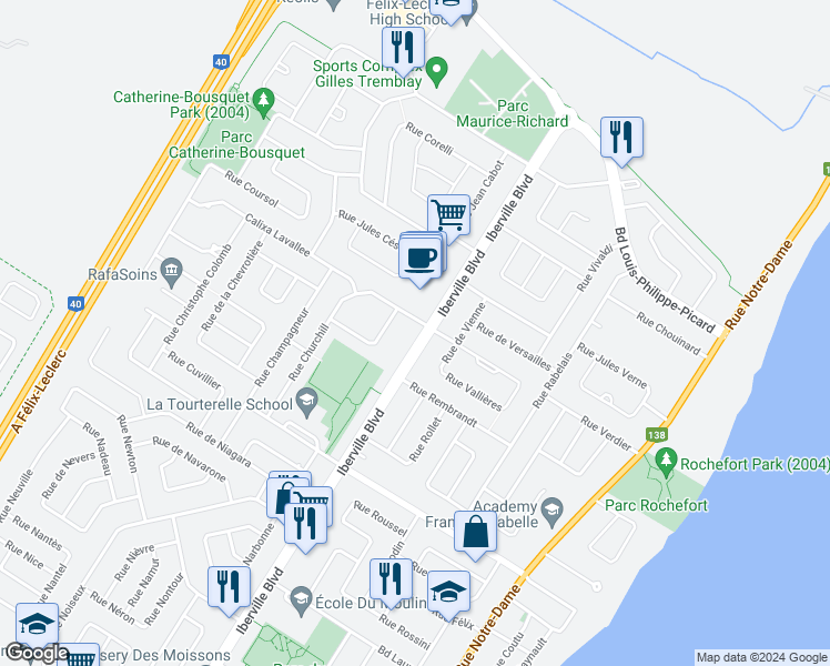 map of restaurants, bars, coffee shops, grocery stores, and more near 1279 Iberville Boulevard in Repentigny