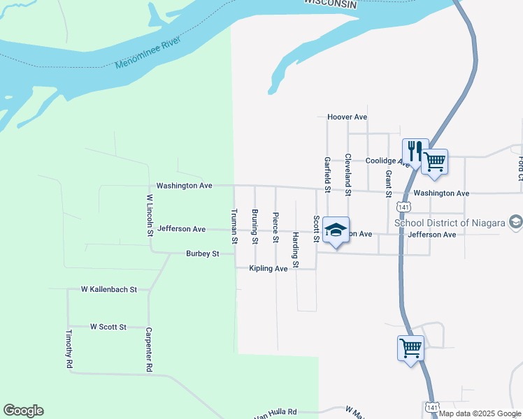 map of restaurants, bars, coffee shops, grocery stores, and more near 1106 Bruning Street in Niagara