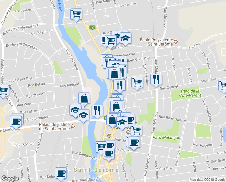 map of restaurants, bars, coffee shops, grocery stores, and more near 601 Rue Labelle in Saint-Jérôme