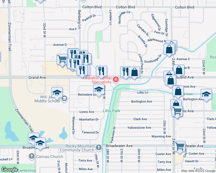 map of restaurants, bars, coffee shops, grocery stores, and more near 1221 28th Street West in Billings