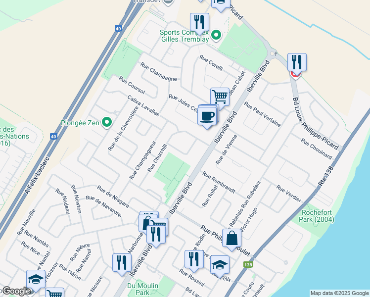 map of restaurants, bars, coffee shops, grocery stores, and more near 45 Rue de Courcelle in Repentigny