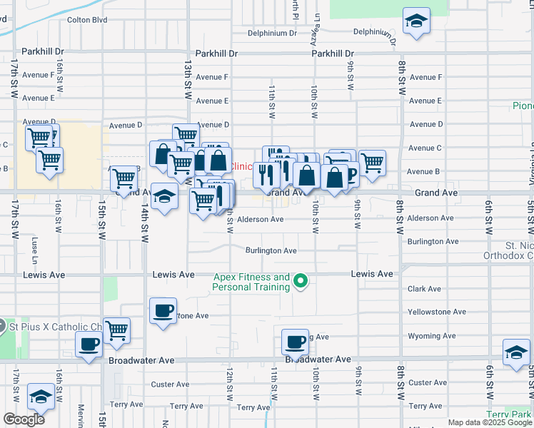 map of restaurants, bars, coffee shops, grocery stores, and more near 1107 Alderson Avenue in Billings