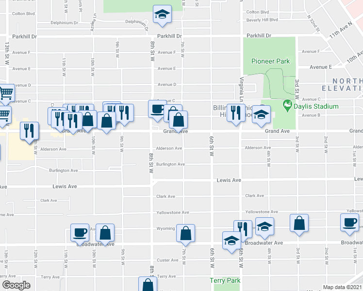 map of restaurants, bars, coffee shops, grocery stores, and more near 701 Alderson Avenue in Billings
