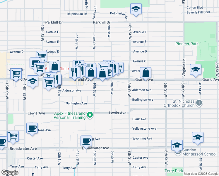 map of restaurants, bars, coffee shops, grocery stores, and more near 901 Alderson Avenue in Billings