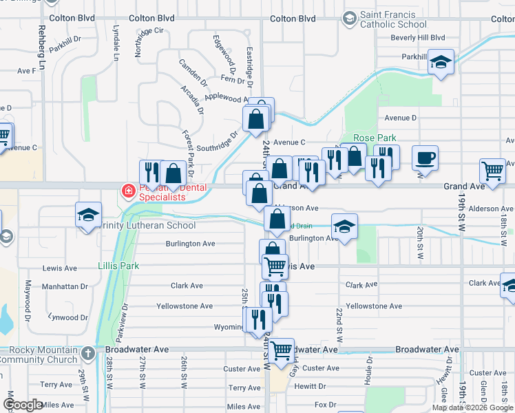 map of restaurants, bars, coffee shops, grocery stores, and more near 1302 24th Street West in Billings