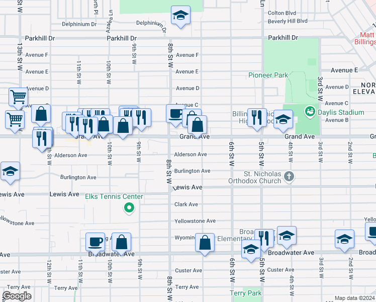 map of restaurants, bars, coffee shops, grocery stores, and more near 721 Alderson Avenue in Billings
