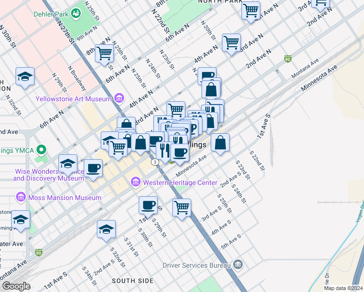 map of restaurants, bars, coffee shops, grocery stores, and more near 2417 Montana Avenue in Billings