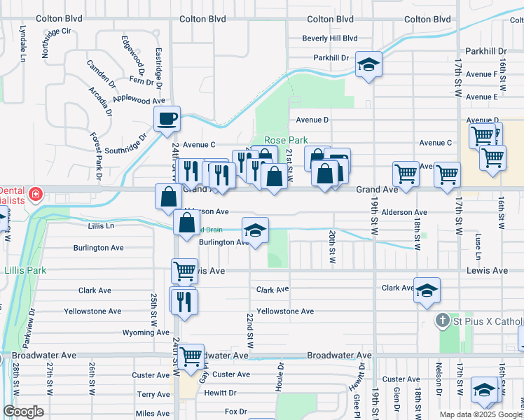 map of restaurants, bars, coffee shops, grocery stores, and more near 2144 Alderson Avenue in Billings