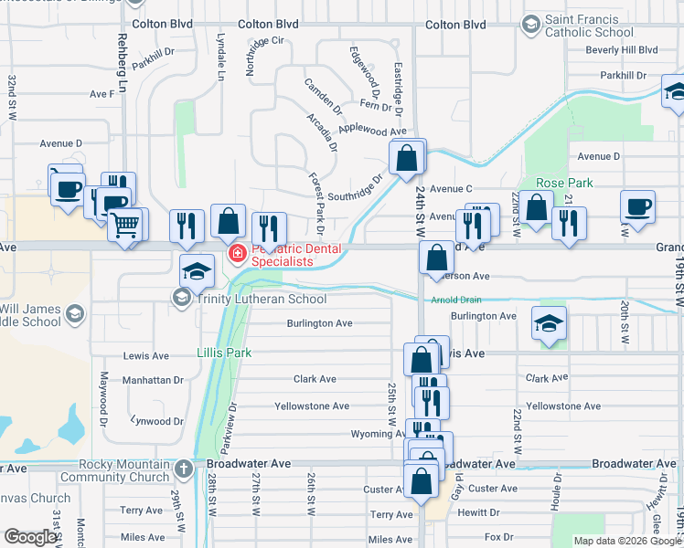 map of restaurants, bars, coffee shops, grocery stores, and more near 2400-2698 Arnold Lane in Billings