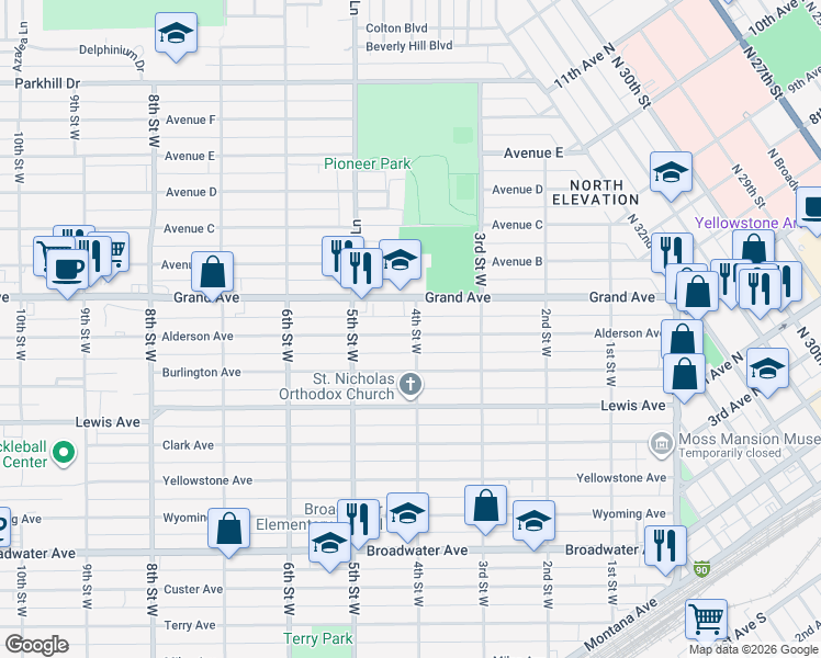 map of restaurants, bars, coffee shops, grocery stores, and more near 840 Alderson Avenue in Billings