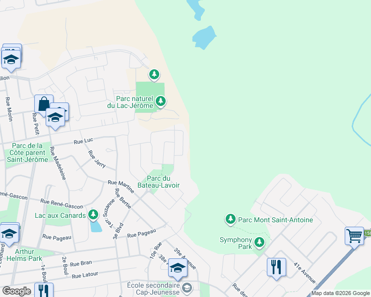 map of restaurants, bars, coffee shops, grocery stores, and more near 1362 Rue Custine in Saint-Jérôme