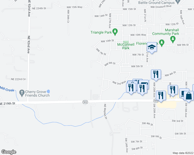 map of restaurants, bars, coffee shops, grocery stores, and more near 2920 Northwest 3rd Circle in Battle Ground