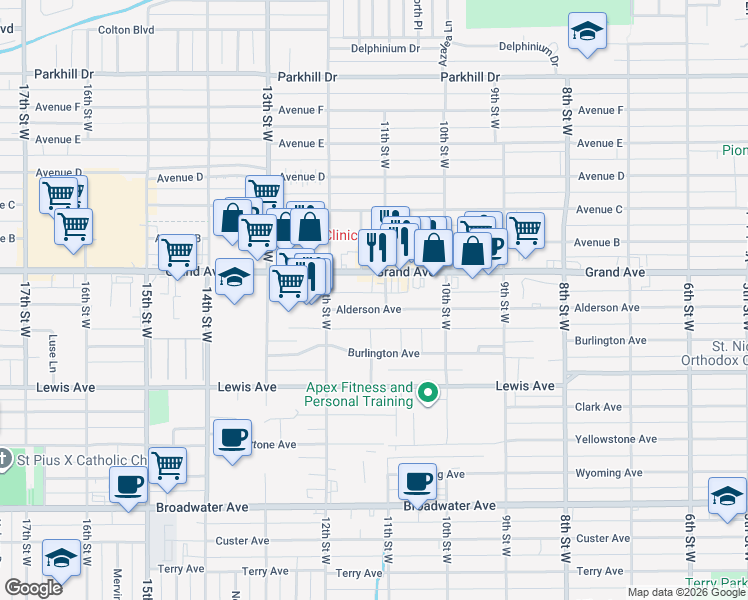 map of restaurants, bars, coffee shops, grocery stores, and more near 1107 Alderson Avenue in Billings