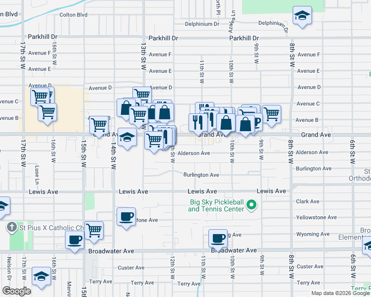 map of restaurants, bars, coffee shops, grocery stores, and more near 1107 Alderson Avenue in Billings