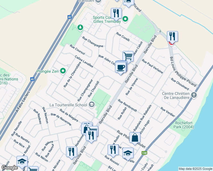 map of restaurants, bars, coffee shops, grocery stores, and more near 45 Rue de Courcelle in Repentigny