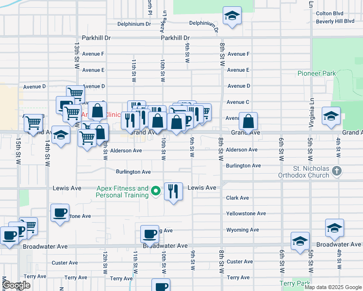 map of restaurants, bars, coffee shops, grocery stores, and more near 931 Alderson Avenue in Billings