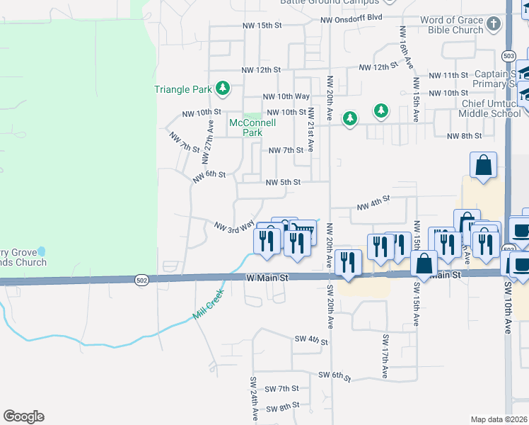 map of restaurants, bars, coffee shops, grocery stores, and more near 2411 Northwest 3rd Way in Battle Ground