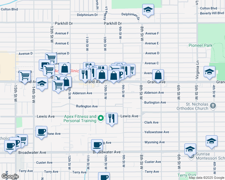 map of restaurants, bars, coffee shops, grocery stores, and more near 931 Alderson Avenue in Billings