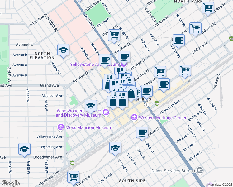 map of restaurants, bars, coffee shops, grocery stores, and more near 219 North 29th Street in Billings