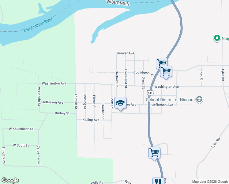map of restaurants, bars, coffee shops, grocery stores, and more near 1104 Garfield Street in Niagara