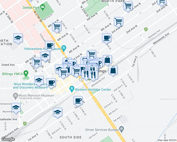map of restaurants, bars, coffee shops, grocery stores, and more near 15 North 26th Street in Billings