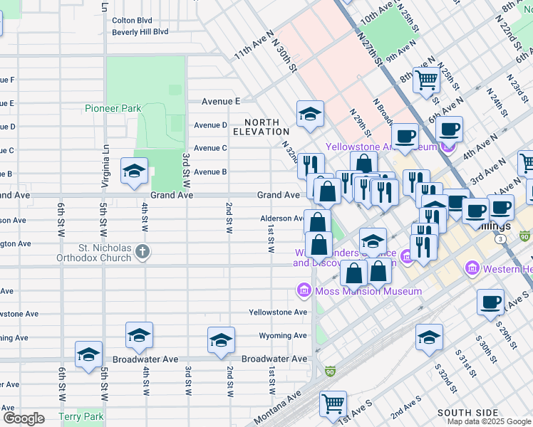 map of restaurants, bars, coffee shops, grocery stores, and more near in Billings