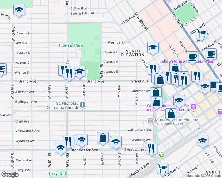 map of restaurants, bars, coffee shops, grocery stores, and more near 230-234 Alderson Avenue in Billings