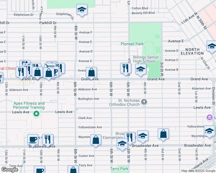 map of restaurants, bars, coffee shops, grocery stores, and more near 610 Alderson Avenue in Billings