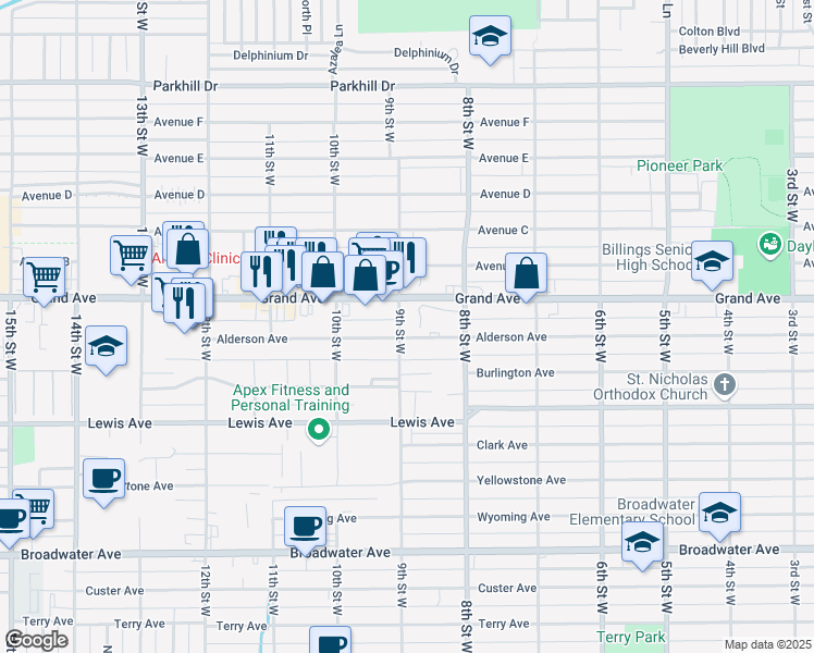 map of restaurants, bars, coffee shops, grocery stores, and more near 901 Alderson Ave in Billings
