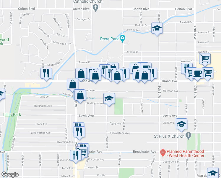 map of restaurants, bars, coffee shops, grocery stores, and more near 2139 Alderson Avenue in Billings