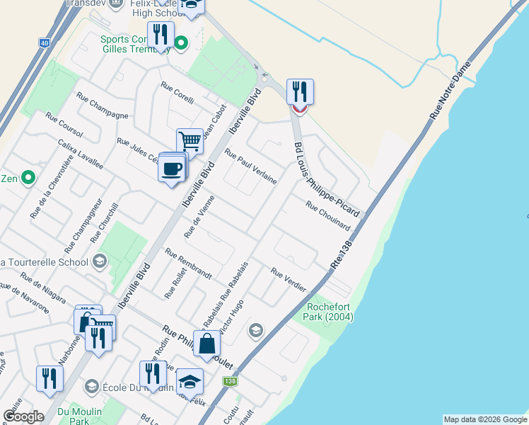 map of restaurants, bars, coffee shops, grocery stores, and more near 1358 Rue Vivaldi in Repentigny