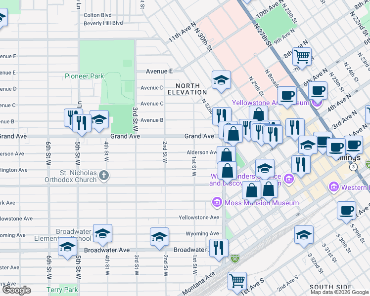 map of restaurants, bars, coffee shops, grocery stores, and more near 126 Alderson Avenue in Billings