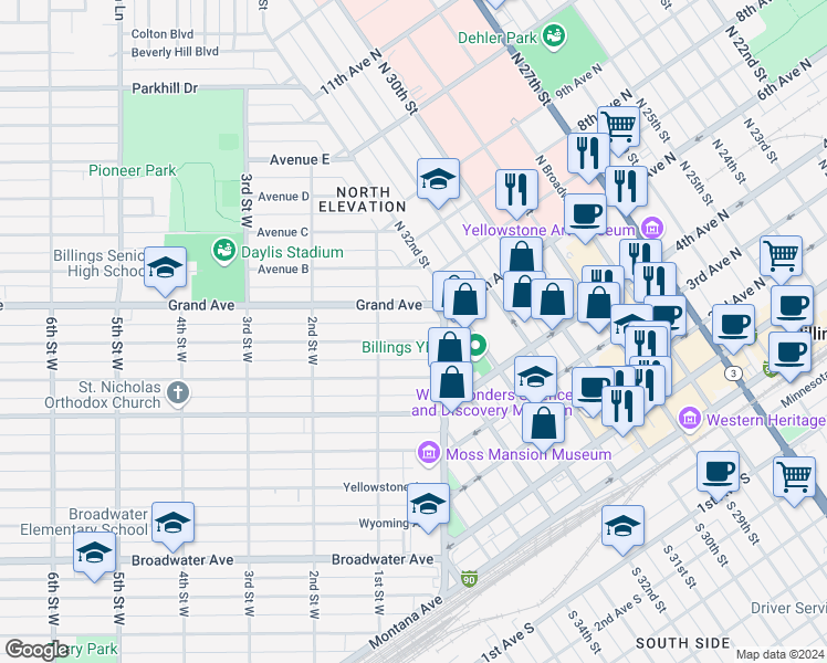 map of restaurants, bars, coffee shops, grocery stores, and more near 21 Alderson Avenue in Billings
