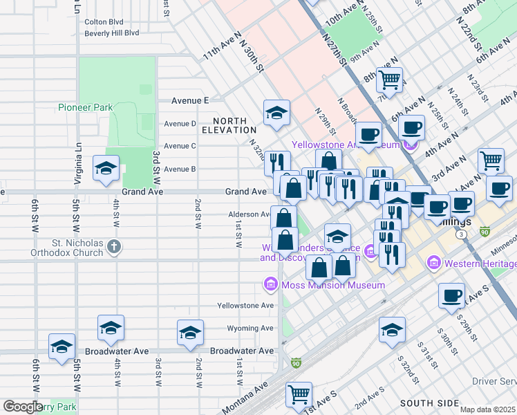 map of restaurants, bars, coffee shops, grocery stores, and more near 10 Alderson Avenue in Billings