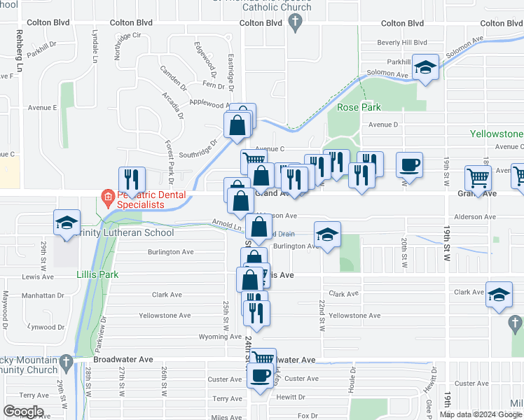 map of restaurants, bars, coffee shops, grocery stores, and more near 1233 24th Street West in Billings