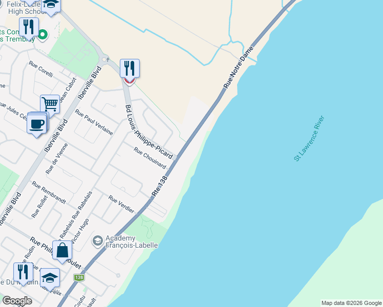 map of restaurants, bars, coffee shops, grocery stores, and more near 1424 Rue Notre Dame in Repentigny