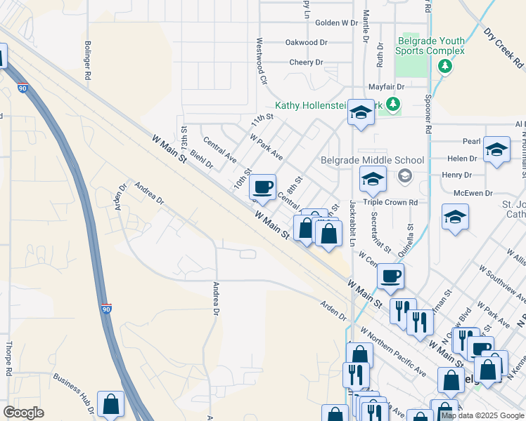 map of restaurants, bars, coffee shops, grocery stores, and more near Interstate 90 in Belgrade