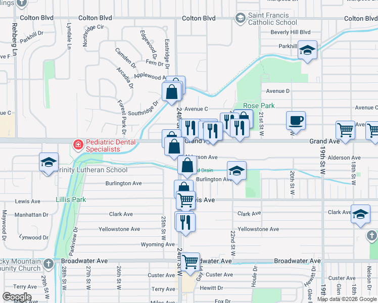 map of restaurants, bars, coffee shops, grocery stores, and more near 1233 24th Street West in Billings