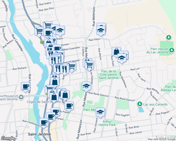 map of restaurants, bars, coffee shops, grocery stores, and more near 451 Rue Ouimet in Saint-Jérôme