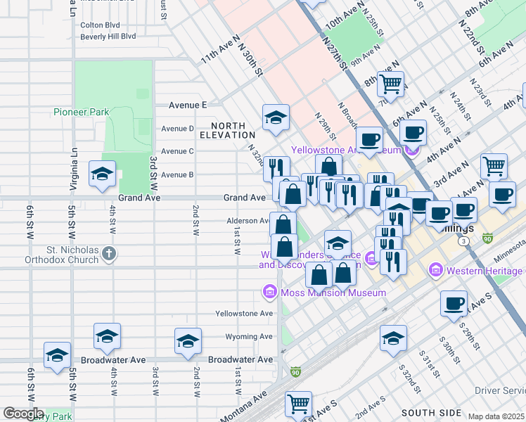 map of restaurants, bars, coffee shops, grocery stores, and more near 17 Alderson Avenue in Billings