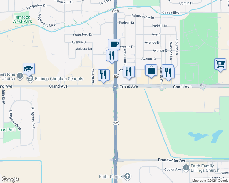 map of restaurants, bars, coffee shops, grocery stores, and more near 600 40th Street West in Billings