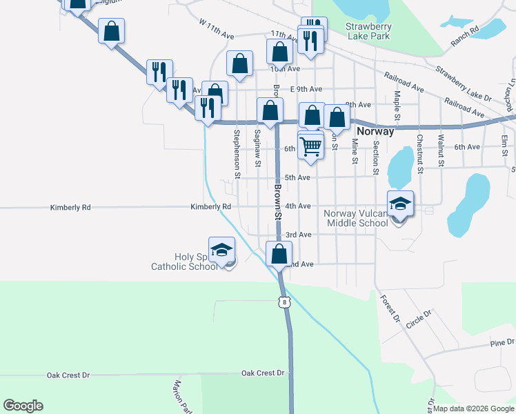 map of restaurants, bars, coffee shops, grocery stores, and more near 398 Saginaw Street in Norway