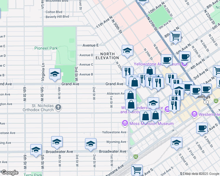 map of restaurants, bars, coffee shops, grocery stores, and more near 1312 1st Street West in Billings