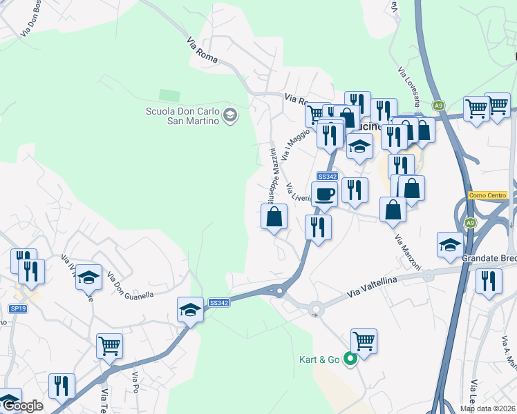 map of restaurants, bars, coffee shops, grocery stores, and more near 26 Via Giuseppe Mazzini in Lucino