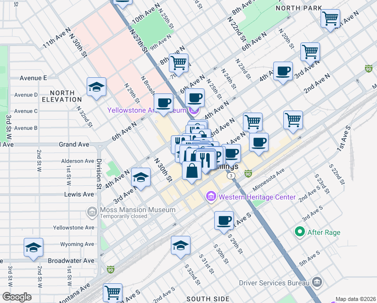 map of restaurants, bars, coffee shops, grocery stores, and more near 2806 3rd Avenue North in Billings