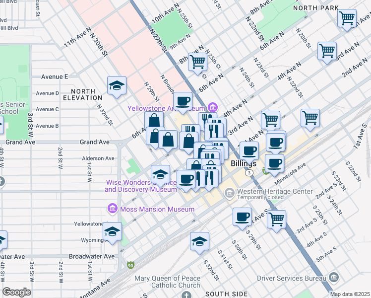 map of restaurants, bars, coffee shops, grocery stores, and more near 2900 4th Avenue North in Billings